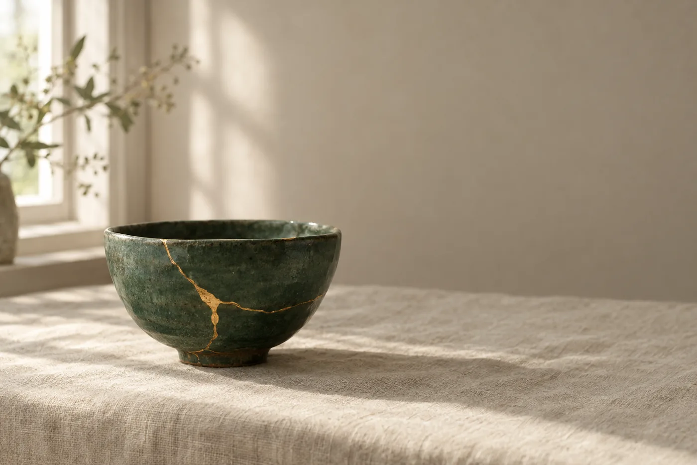 A green ceramic bowl mended with a gold seam, resting on linen in soft window light.