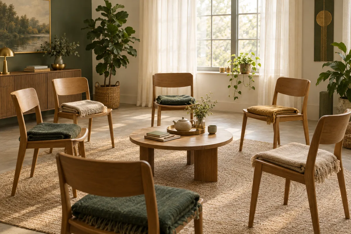 A calm training room with a loose circle of chairs, folded blankets, and a low table in warm daylight.